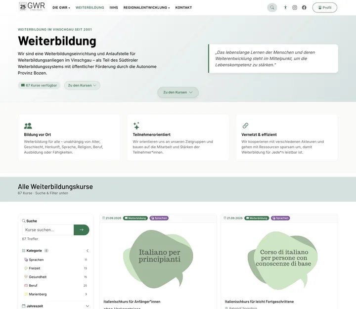 Kursplattform mit Live-Filter, GWR Vinschgau